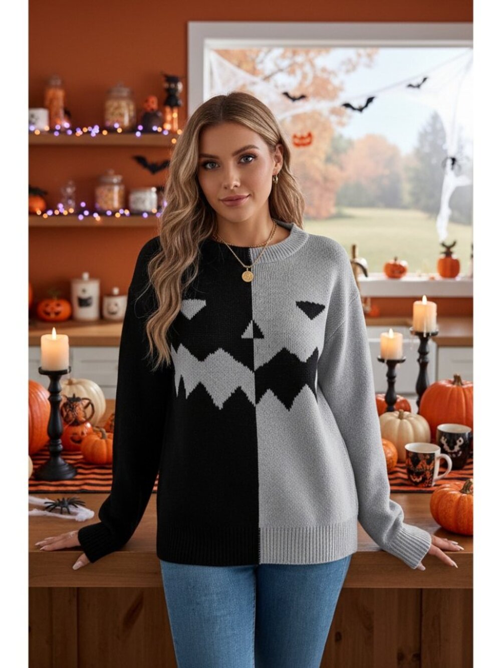 Halloween Knit Jack O’ Lantern Colorblock Relaxed Crew Neck Pullover Sweater